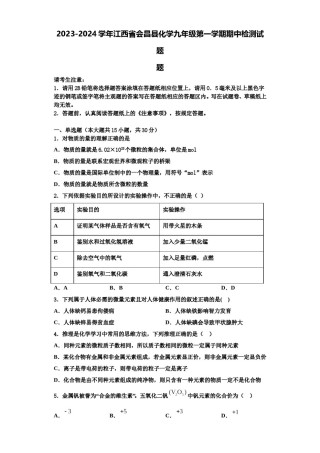 2023-2024学年江西省会昌县化学九年级第一学期期中检测试题含解析.doc