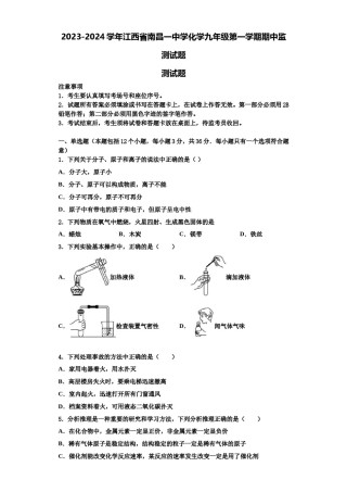 2023-2024学年江西省南昌一中学化学九年级第一学期期中监测试题含解析.doc