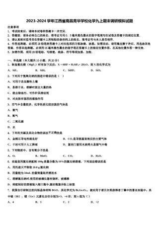 2023-2024学年江西省南昌育华学校化学九上期末调研模拟试题含解析.doc