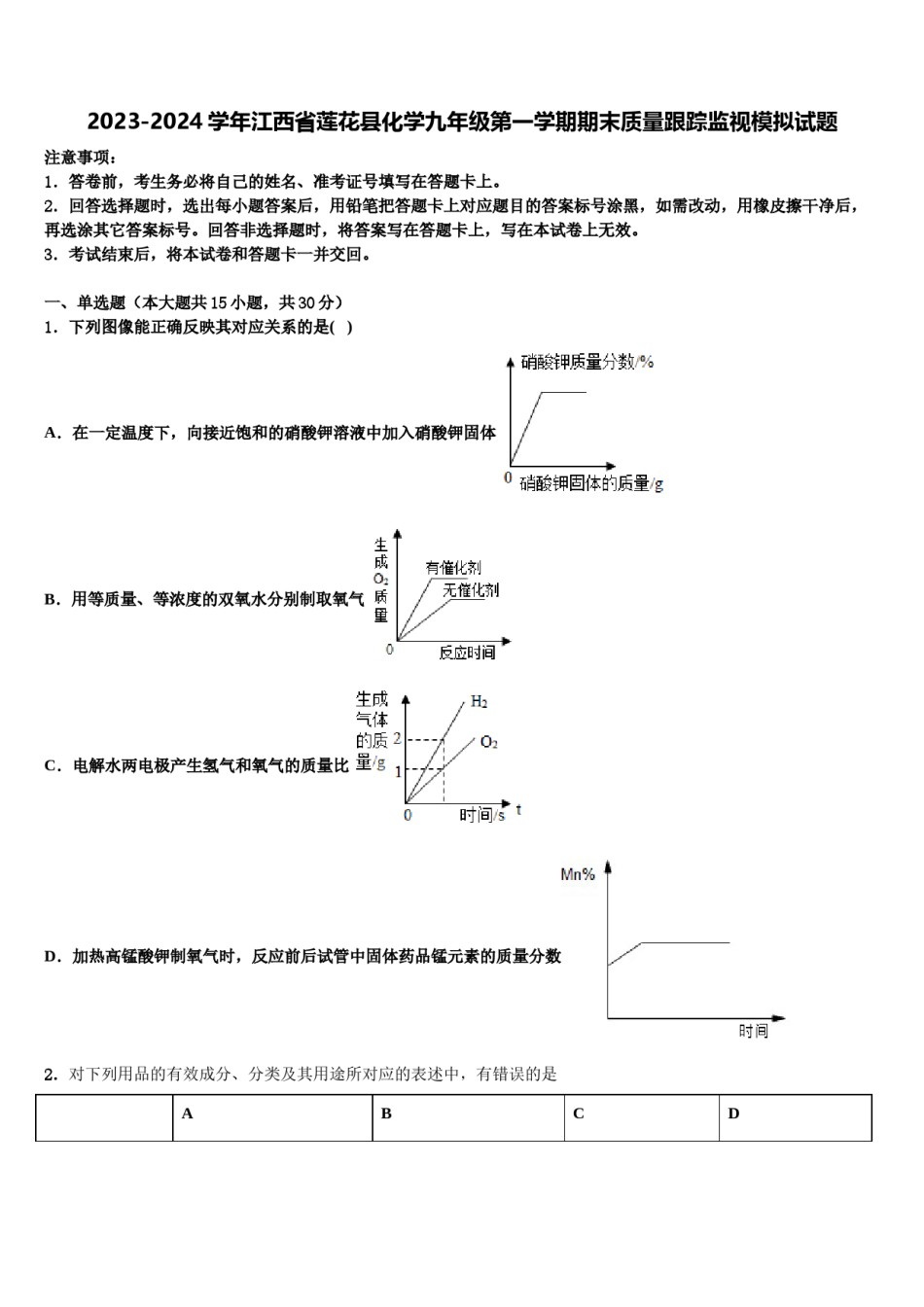 2023-2024学年江西省莲花县化学九年级第一学期期末质量跟踪监视模拟试题含解析.doc_第1页