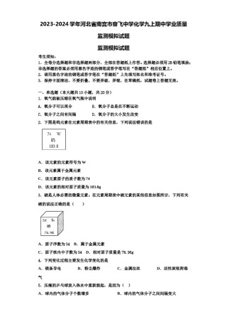 2023-2024学年河北省南宫市奋飞中学化学九上期中学业质量监测模拟试题含解析.doc