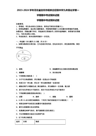 2023-2024学年河北省定州市杨家庄初级中学九年级化学第一学期期中考试模拟试题含解析.doc