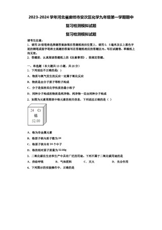 2023-2024学年河北省廊坊市安次区化学九年级第一学期期中复习检测模拟试题含解析.doc