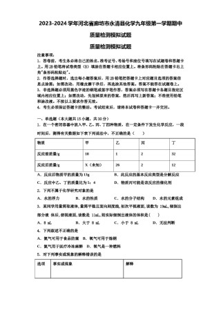 2023-2024学年河北省廊坊市永清县化学九年级第一学期期中质量检测模拟试题含解析.doc