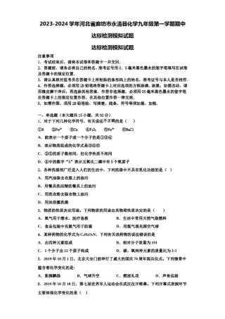 2023-2024学年河北省廊坊市永清县化学九年级第一学期期中达标检测模拟试题含解析.doc