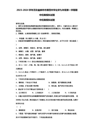 2023-2024学年河北省廊坊市第四中学化学九年级第一学期期中经典模拟试题含解析.doc