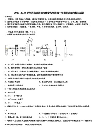 2023-2024学年河北省承德市化学九年级第一学期期末统考模拟试题含解析.doc
