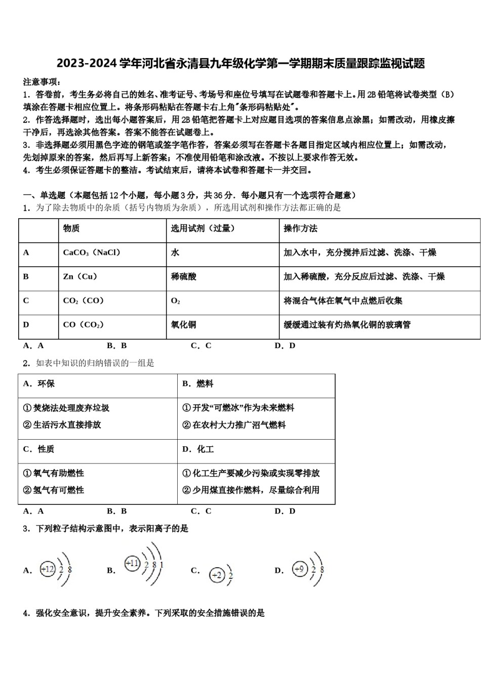 2023-2024学年河北省永清县九年级化学第一学期期末质量跟踪监视试题含解析.doc_第1页