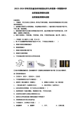 2023-2024学年河北省沧州市献县化学九年级第一学期期中学业质量监测模拟试题含解析.doc
