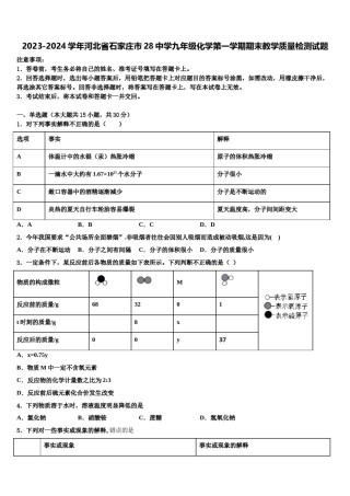 2023-2024学年河北省石家庄市28中学九年级化学第一学期期末教学质量检测试题含解析.doc