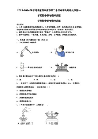 2023-2024学年河北省石家庄市第二十三中学九年级化学第一学期期中联考模拟试题含解析.doc