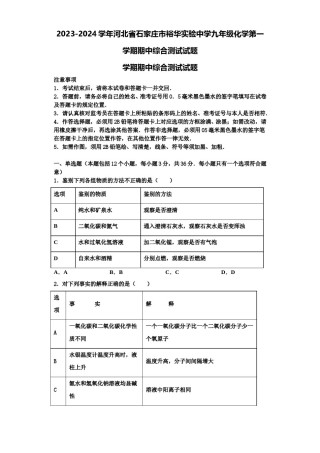 2023-2024学年河北省石家庄市裕华实验中学九年级化学第一学期期中综合测试试题含解析.doc