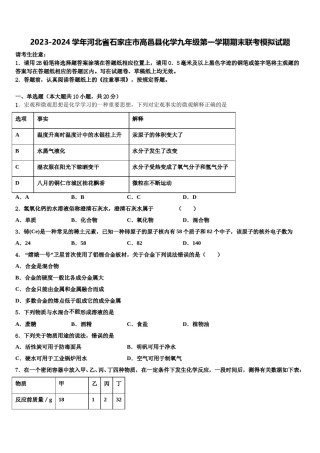 2023-2024学年河北省石家庄市高邑县化学九年级第一学期期末联考模拟试题含解析.doc