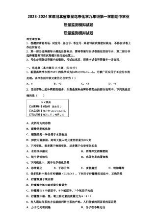 2023-2024学年河北省秦皇岛市化学九年级第一学期期中学业质量监测模拟试题含解析.doc