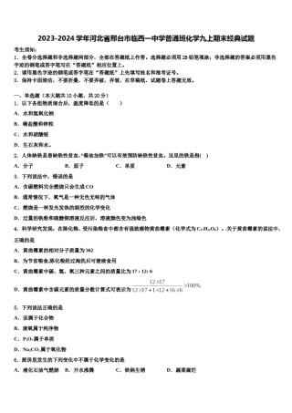 2023-2024学年河北省邢台市临西一中学普通班化学九上期末经典试题含解析.doc