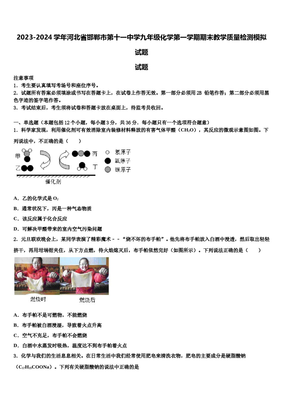 2023-2024学年河北省邯郸市第十一中学九年级化学第一学期期末教学质量检测模拟试题含解析.doc_第1页