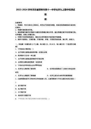 2023-2024学年河北省邯郸市第十一中学化学九上期中检测试题含解析.doc