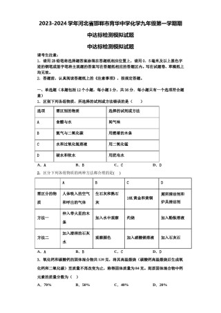 2023-2024学年河北省邯郸市育华中学化学九年级第一学期期中达标检测模拟试题含解析.doc