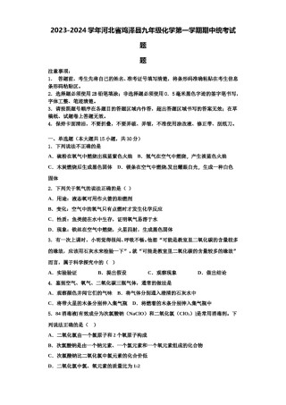 2023-2024学年河北省鸡泽县九年级化学第一学期期中统考试题含解析.doc