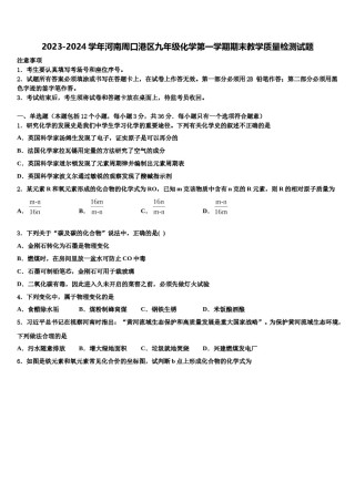 2023-2024学年河南周口港区九年级化学第一学期期末教学质量检测试题含解析.doc