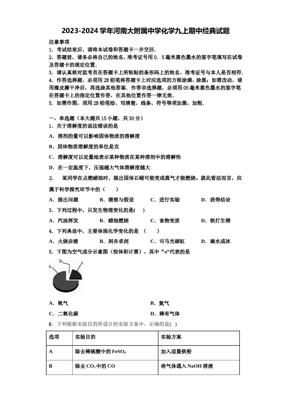 2023-2024学年河南大附属中学化学九上期中经典试题含解析.doc_第1页