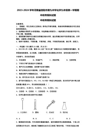 2023-2024学年河南省信阳市第九中学化学九年级第一学期期中统考模拟试题含解析.doc