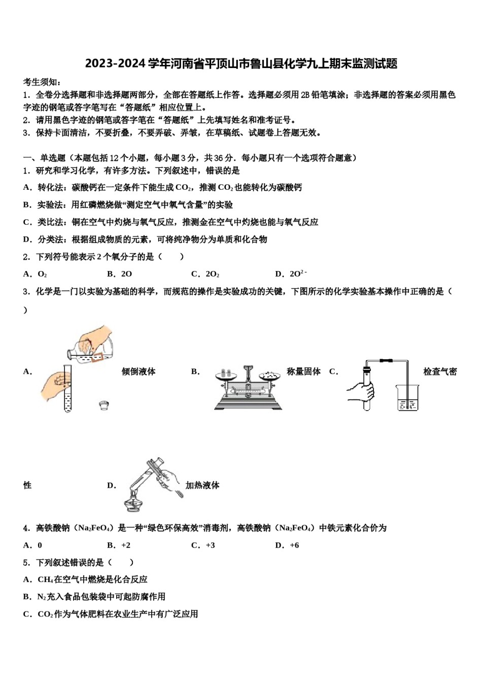 2023-2024学年河南省平顶山市鲁山县化学九上期末监测试题含解析.doc_第1页