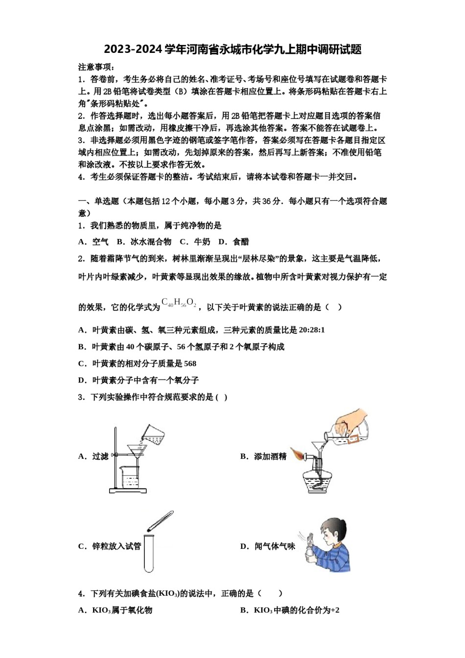 2023-2024学年河南省永城市化学九上期中调研试题含解析.doc_第1页