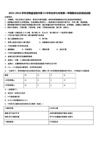 2023-2024学年河南省洛阳市第23中学化学九年级第一学期期末达标测试试题含解析.doc