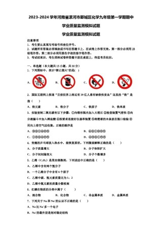 2023-2024学年河南省漯河市郾城区化学九年级第一学期期中学业质量监测模拟试题含解析.doc