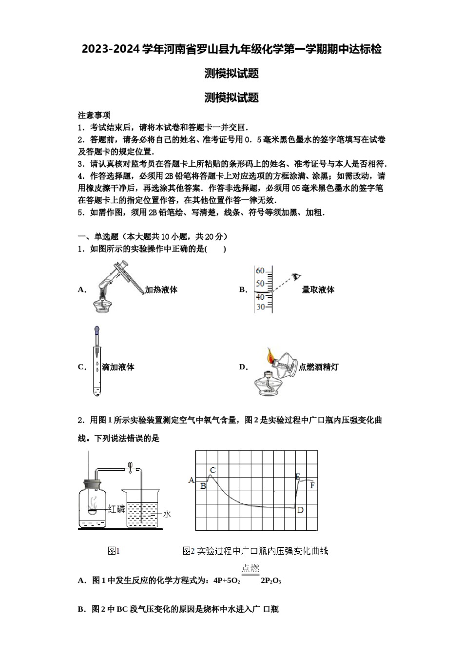 2023-2024学年河南省罗山县九年级化学第一学期期中达标检测模拟试题含解析.doc_第1页