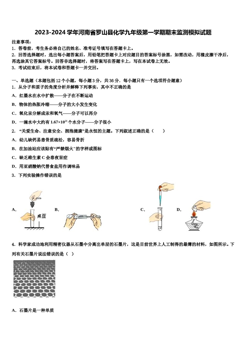 2023-2024学年河南省罗山县化学九年级第一学期期末监测模拟试题含解析.doc_第1页