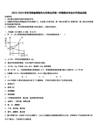 2023-2024学年河南省舞钢市九年级化学第一学期期末学业水平测试试题含解析.doc