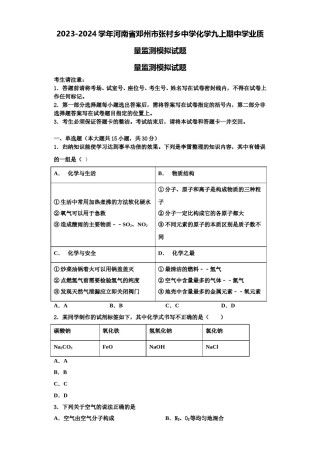2023-2024学年河南省邓州市张村乡中学化学九上期中学业质量监测模拟试题含解析.doc