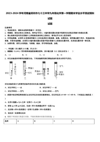 2023-2024学年河南省郑州市七十三中学九年级化学第一学期期末学业水平测试模拟试题含解析.doc