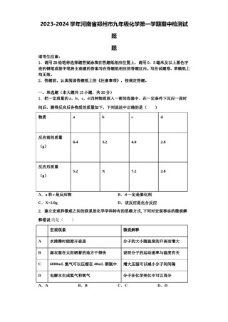 2023-2024学年河南省郑州市九年级化学第一学期期中检测试题含解析.doc