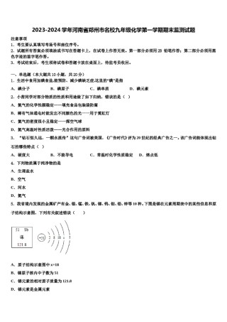 2023-2024学年河南省郑州市名校九年级化学第一学期期末监测试题含解析.doc