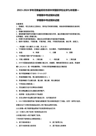 2023-2024学年河南省郑州市郑中学国际学校化学九年级第一学期期中考试模拟试题含解析.doc
