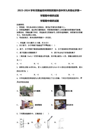 2023-2024学年河南省郑州师院附属外语中学九年级化学第一学期期中调研试题含解析.doc