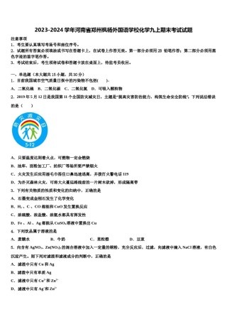 2023-2024学年河南省郑州枫杨外国语学校化学九上期末考试试题含解析.doc