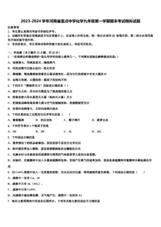 2023-2024学年河南省重点中学化学九年级第一学期期末考试模拟试题含解析.doc