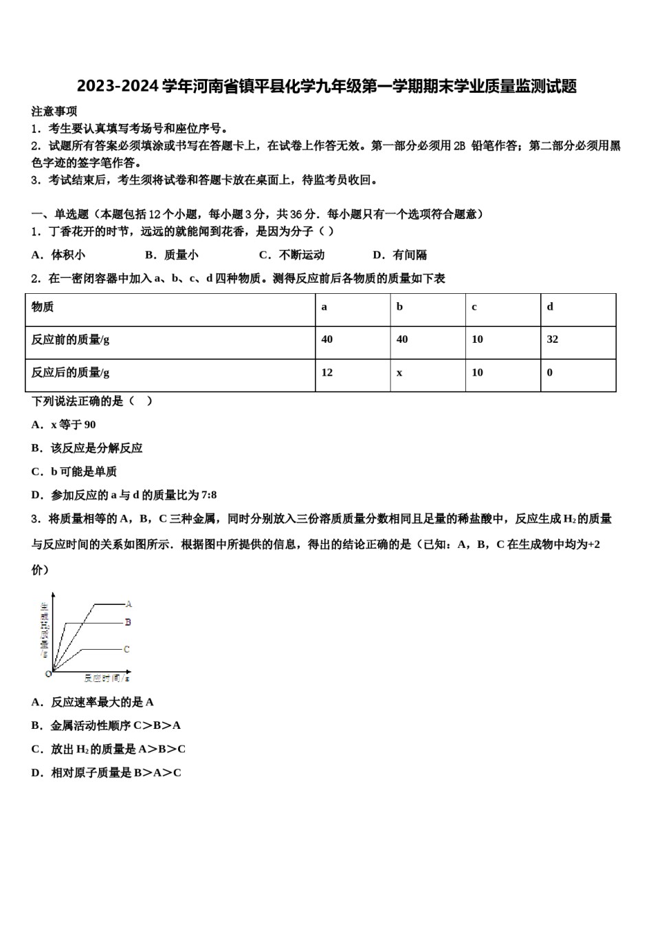 2023-2024学年河南省镇平县化学九年级第一学期期末学业质量监测试题含解析.doc_第1页