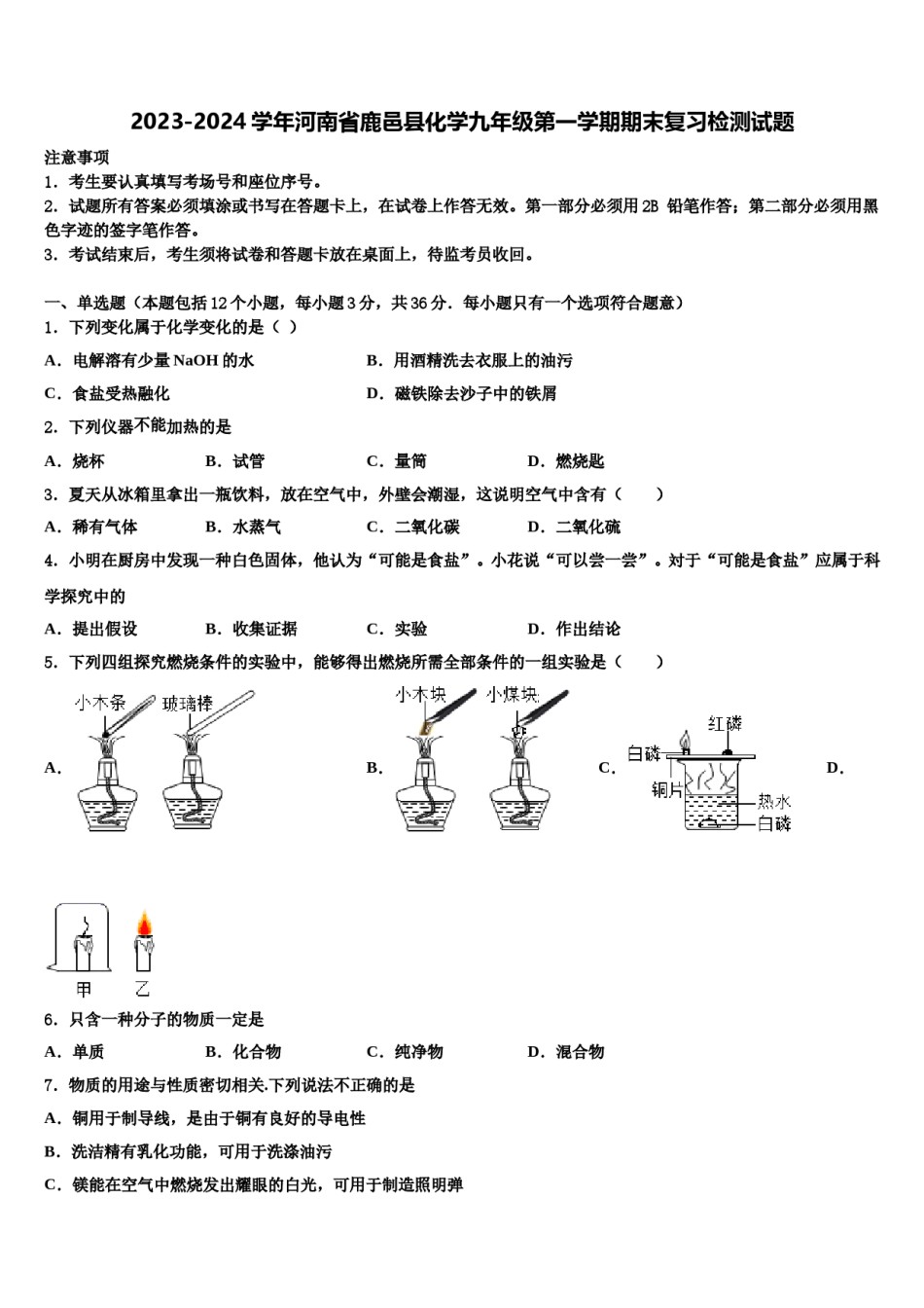 2023-2024学年河南省鹿邑县化学九年级第一学期期末复习检测试题含解析.doc_第1页
