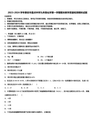 2023-2024学年泰安市重点中学九年级化学第一学期期末教学质量检测模拟试题含解析.doc