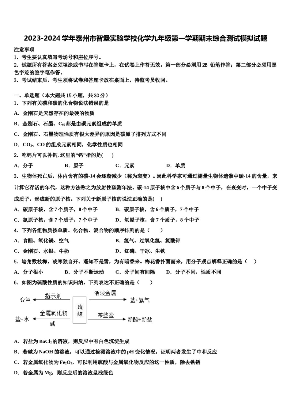 2023-2024学年泰州市智堡实验学校化学九年级第一学期期末综合测试模拟试题含解析.doc_第1页