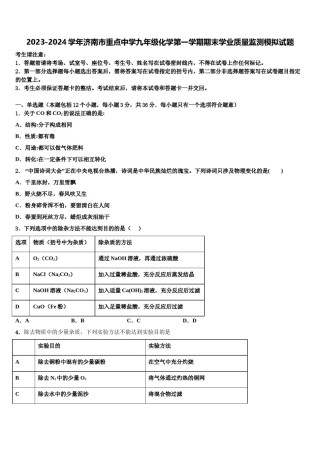 2023-2024学年济南市重点中学九年级化学第一学期期末学业质量监测模拟试题含解析.doc