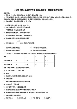 2023-2024学年浙江东阳化学九年级第一学期期末统考试题含解析.doc