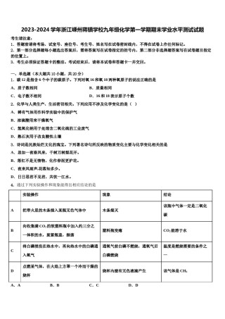2023-2024学年浙江嵊州蒋镇学校九年级化学第一学期期末学业水平测试试题含解析.doc