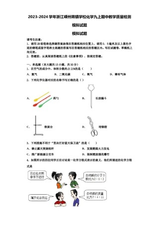 2023-2024学年浙江嵊州蒋镇学校化学九上期中教学质量检测模拟试题含解析.doc