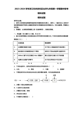 2023-2024学年浙江杭州余杭区化学九年级第一学期期中联考模拟试题含解析.doc